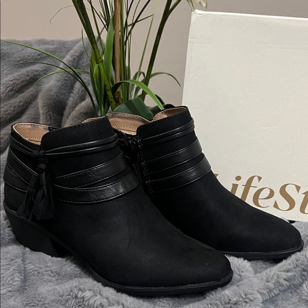 Life Stride Black Leather Ankle Boots with Strap Detail NWT retail $70